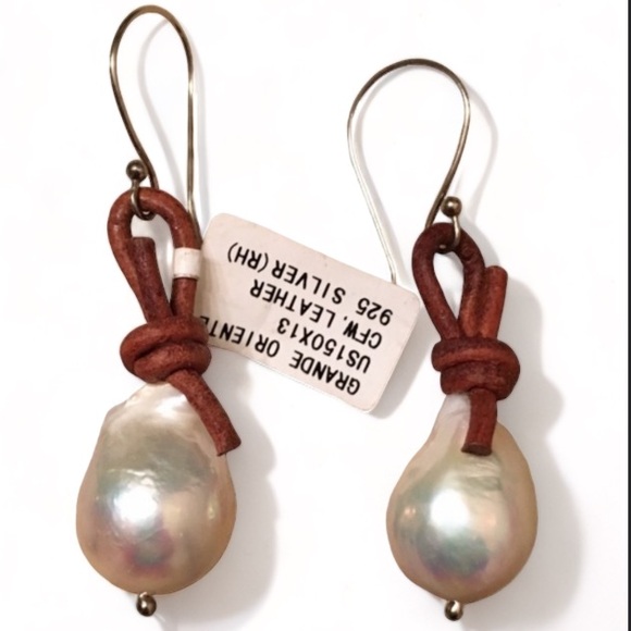 Handcrafted Artisan High Quality Barque Pearl Genuine Leather Hook Earrings NWT